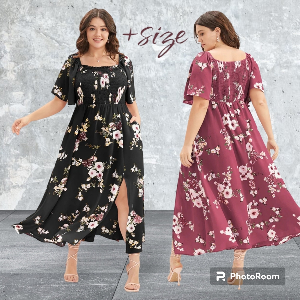 🛑summer maxi floral dress Square Neck Ruffles Pocket Shirred  plus size